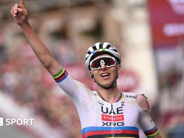Strade Bianche: Tadej Pogacar recovers from crash to beat Tom Pidcock for back-to-back win